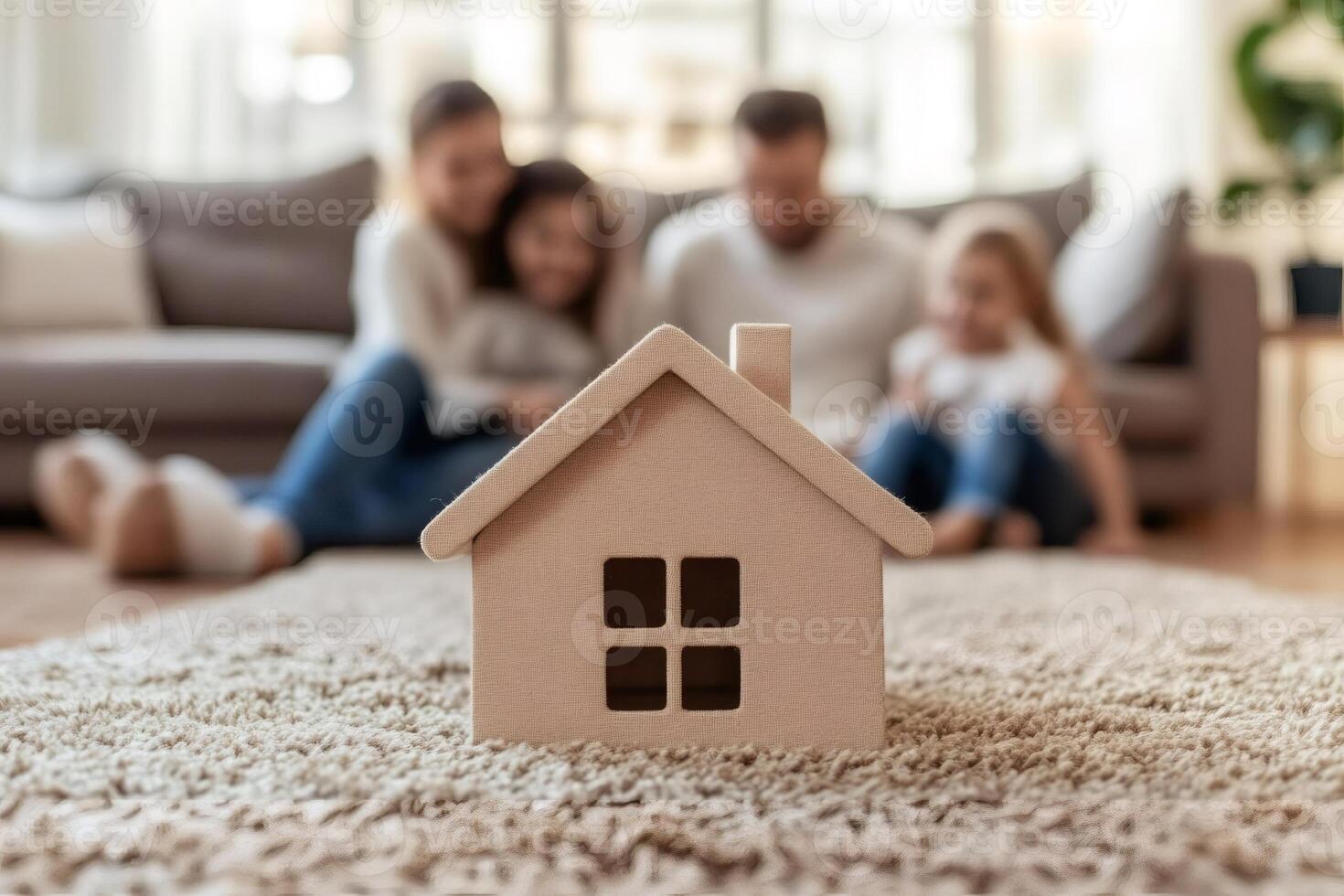 Family relaxing on background with small house model placed on carpet in foreground, housing and mortgage concept photo