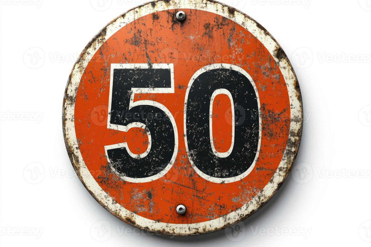 Old and rusty speed limit sign indicating 50 km h or mph as maximum speed. photo