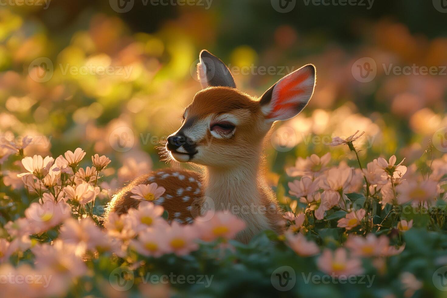 Cute baby deer fawn resting in a field of pink flowers at sunset photo