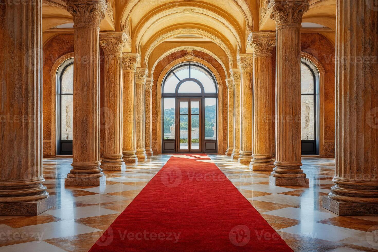 Red carpet leading to majestic building entrance with columns photo