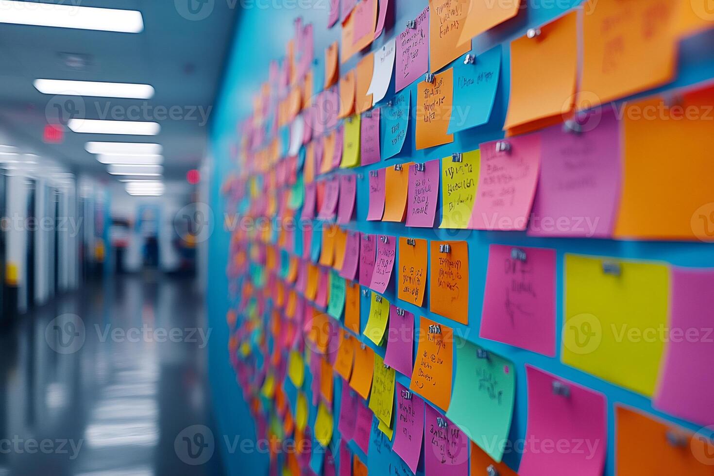 Colorful sticky notes covering office wall representing brainstorming and collaboration photo