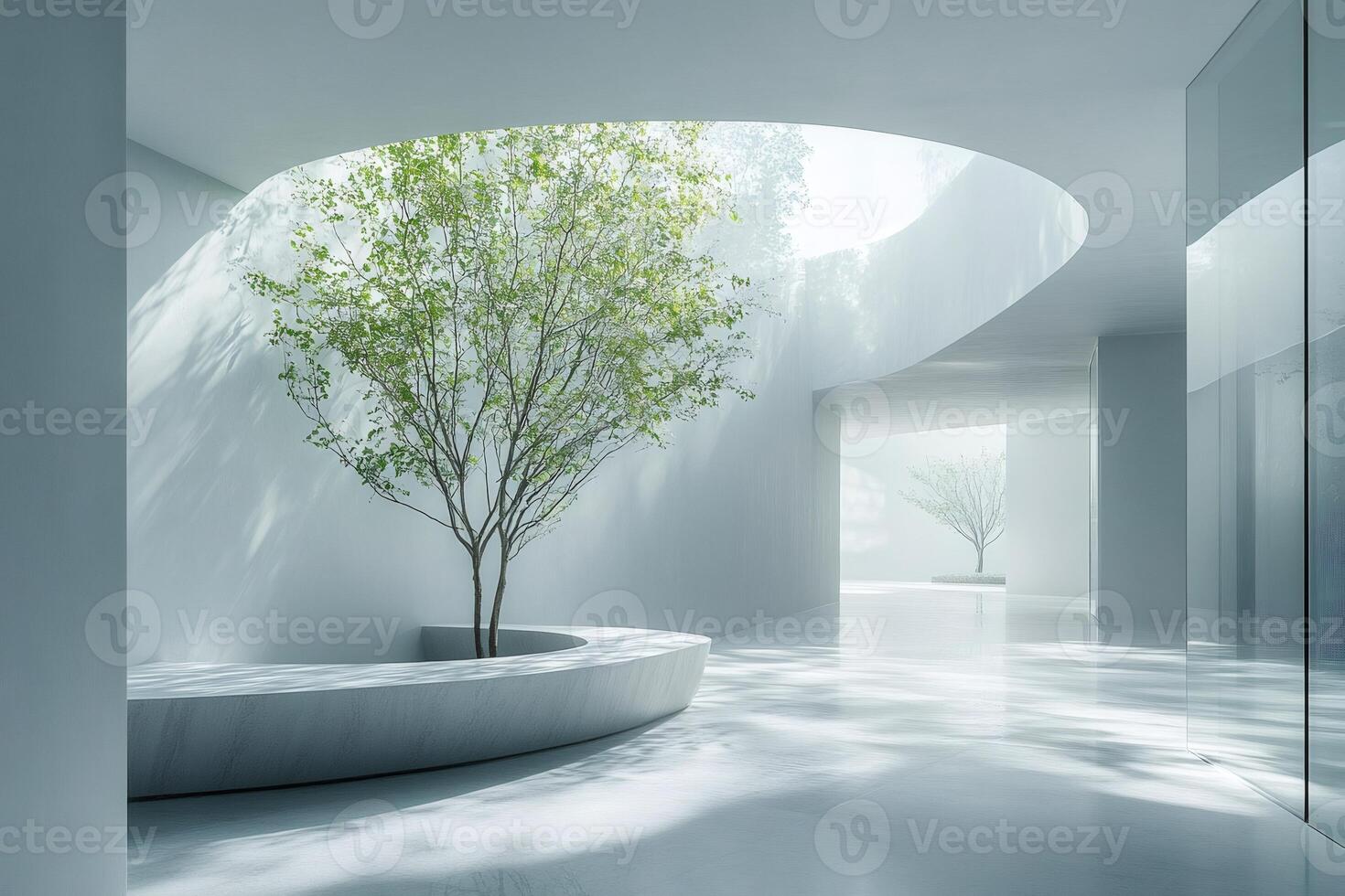 Modern minimalist interior design featuring lush green trees and circular openings photo