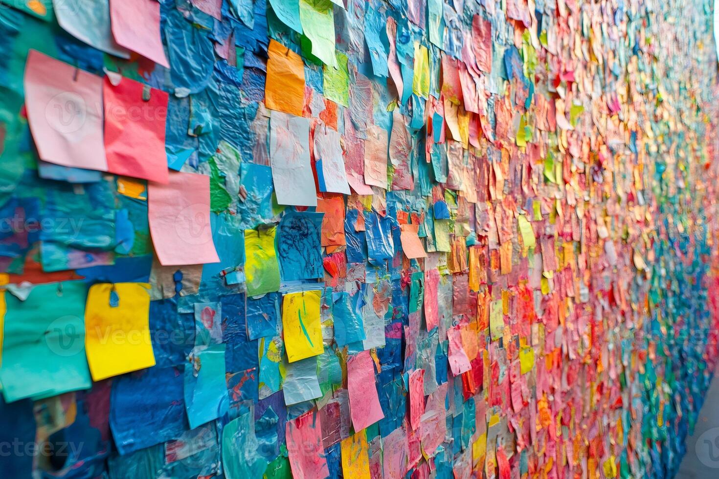 Colorful sticky notes covering a wall, creating a vibrant and textured surface photo