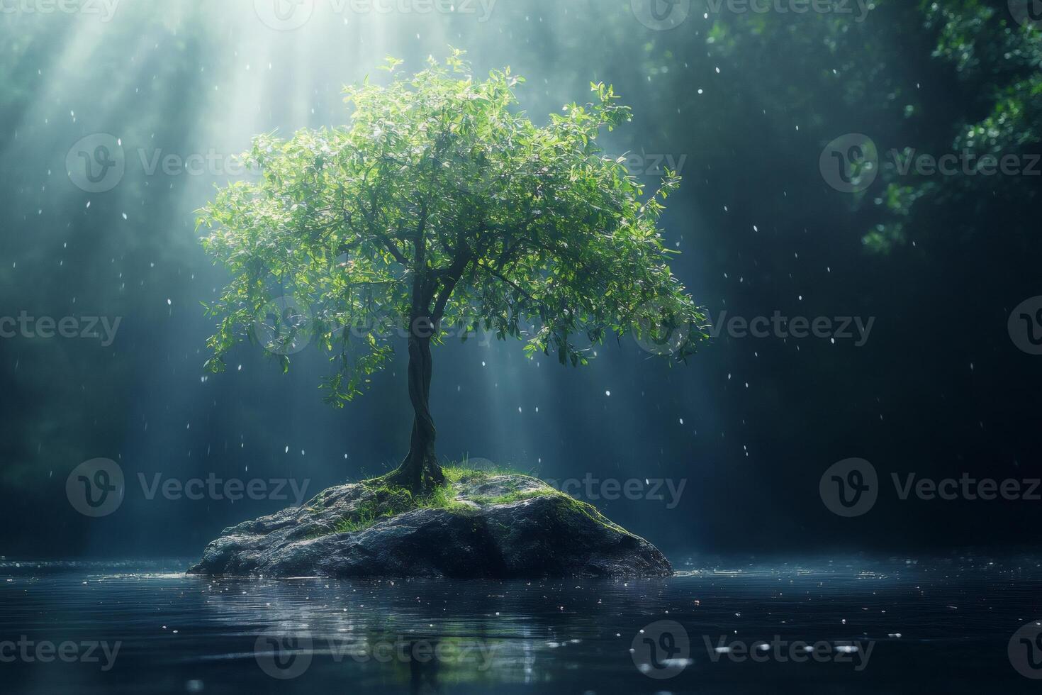 Lonely tree growing on small island during rain with sun rays photo