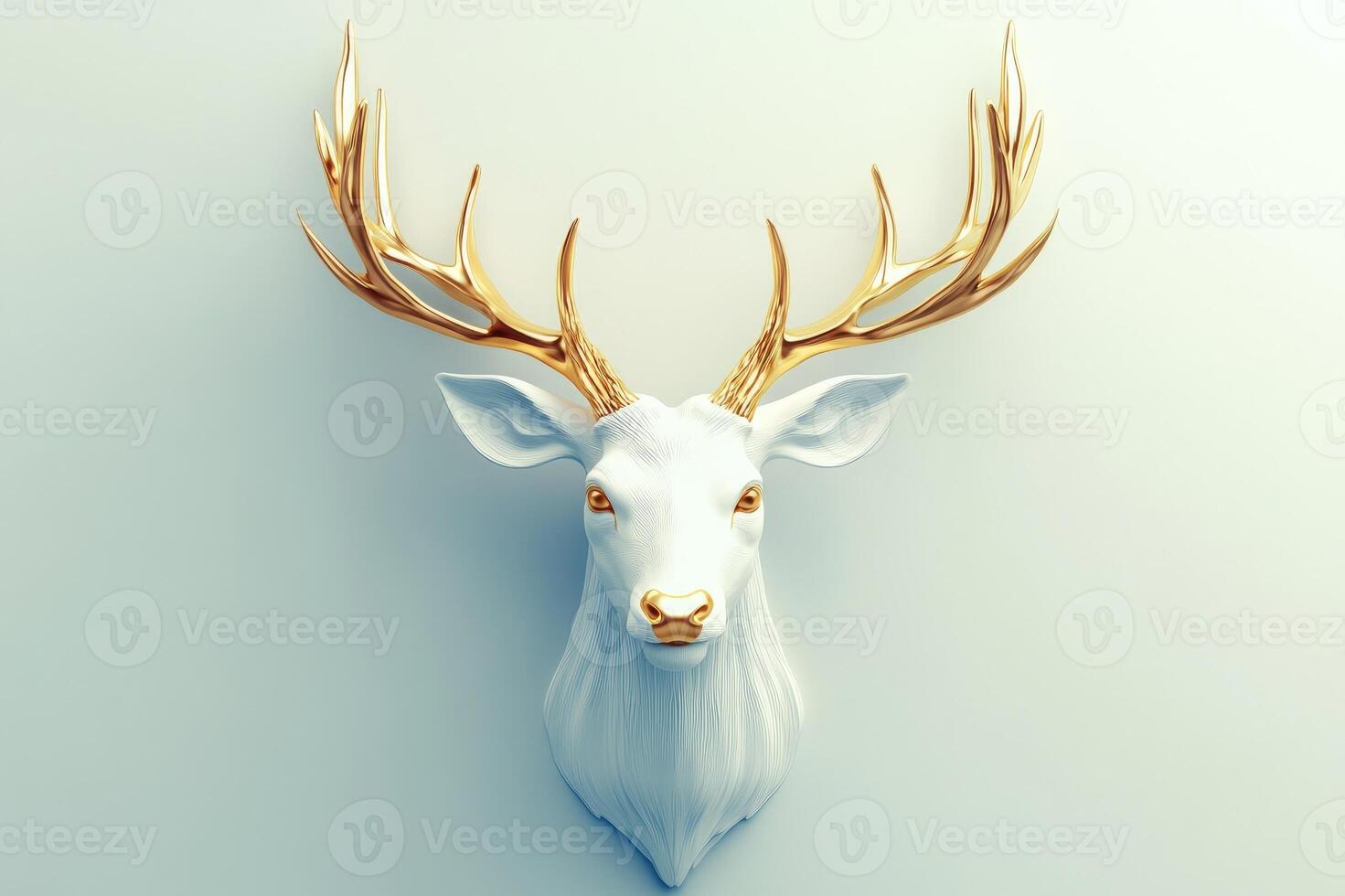 White deer bust with golden antlers on light blue wall photo