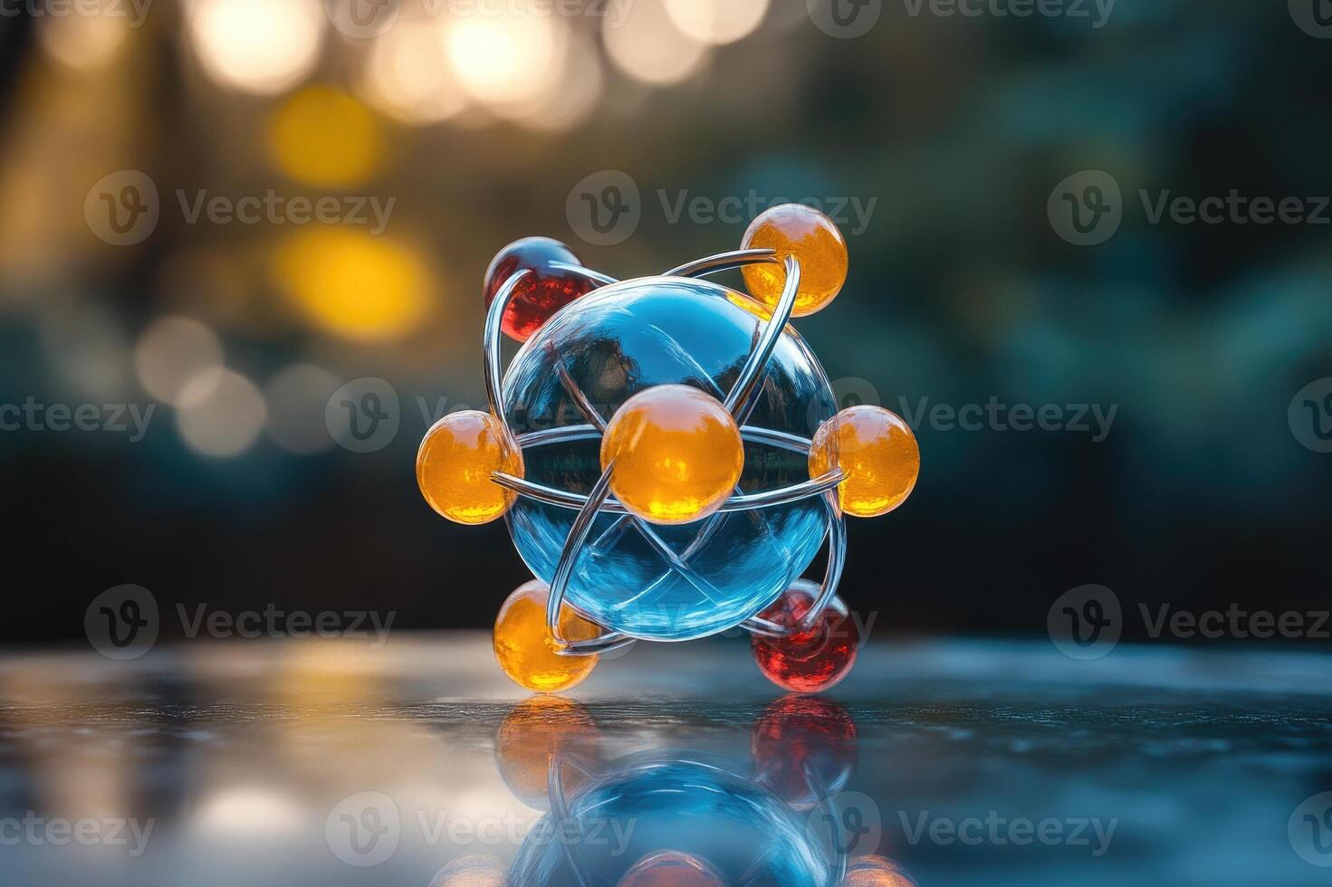 Glass atom model reflecting on a shiny surface photo