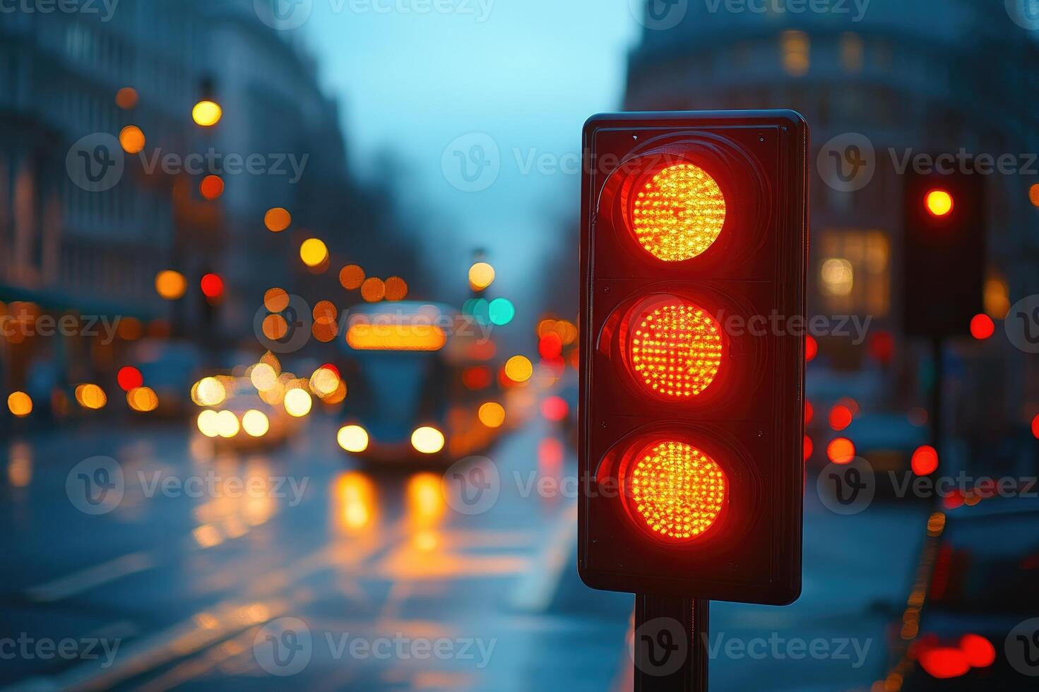 Traffic light showing red signal to cars in city at twilight photo