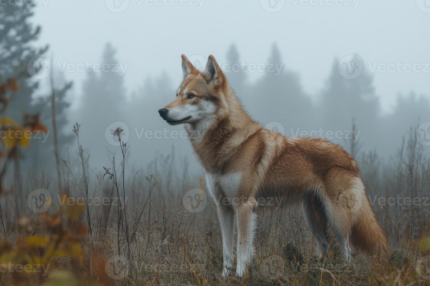 Red wolf standing in tall grass looking into misty forest photo