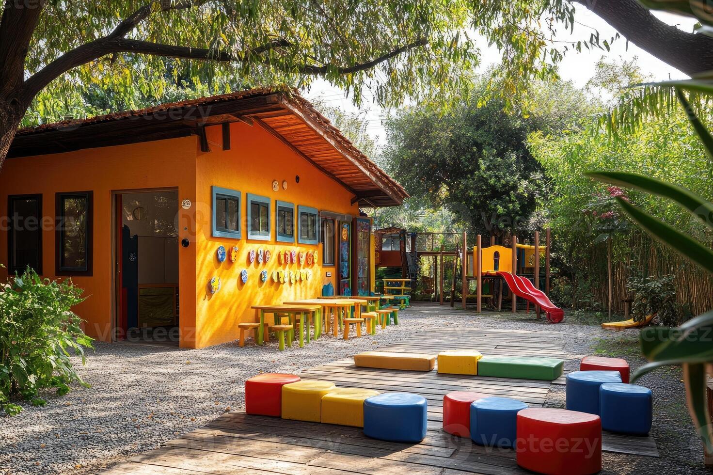 Colorful kindergarten playground surrounded by lush greenery inviting children to play photo