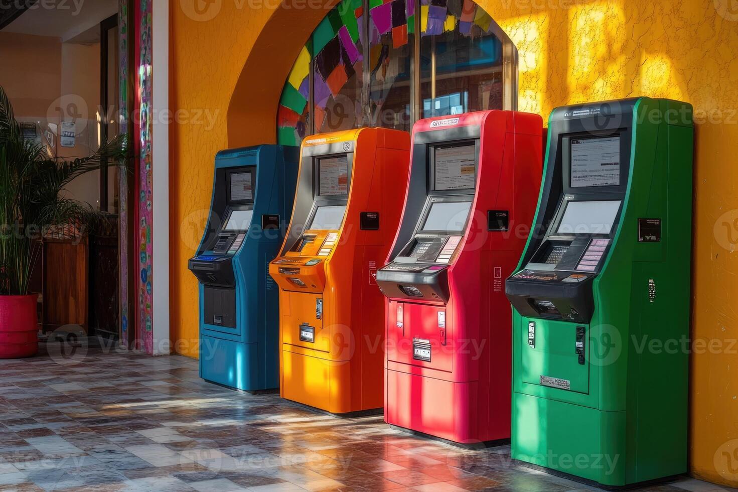 Four colorful atm machines standing in a row outside a building photo