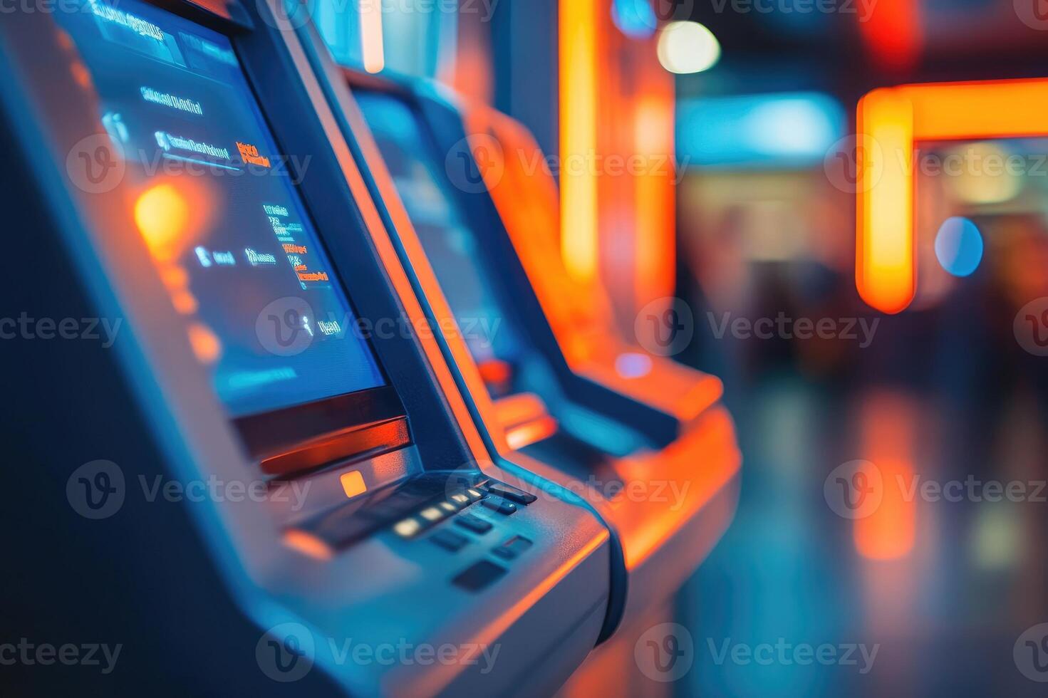 Row of atm machines glowing in shopping mall at night photo