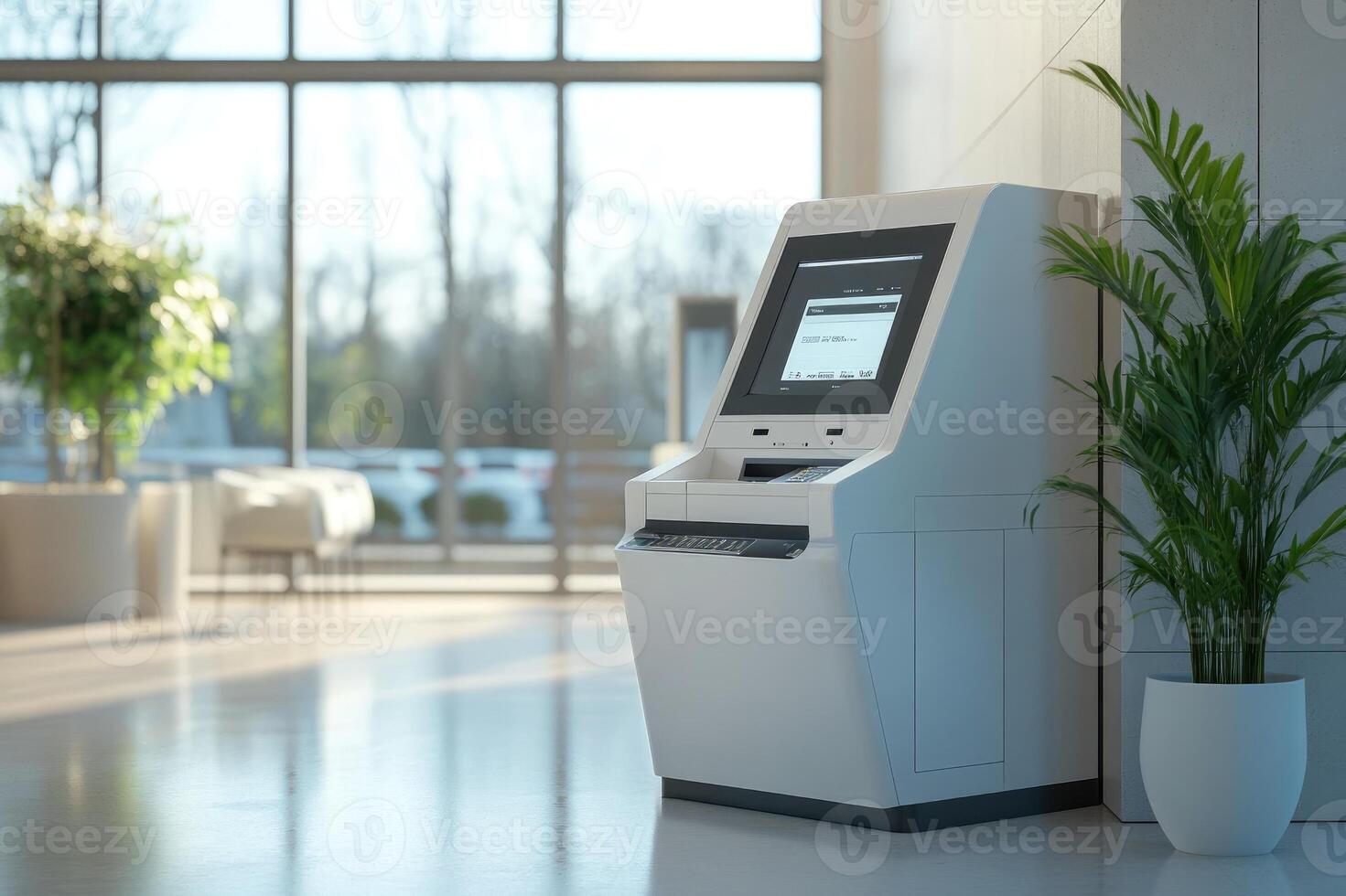 Modern information kiosk standing in spacious hall with large windows photo