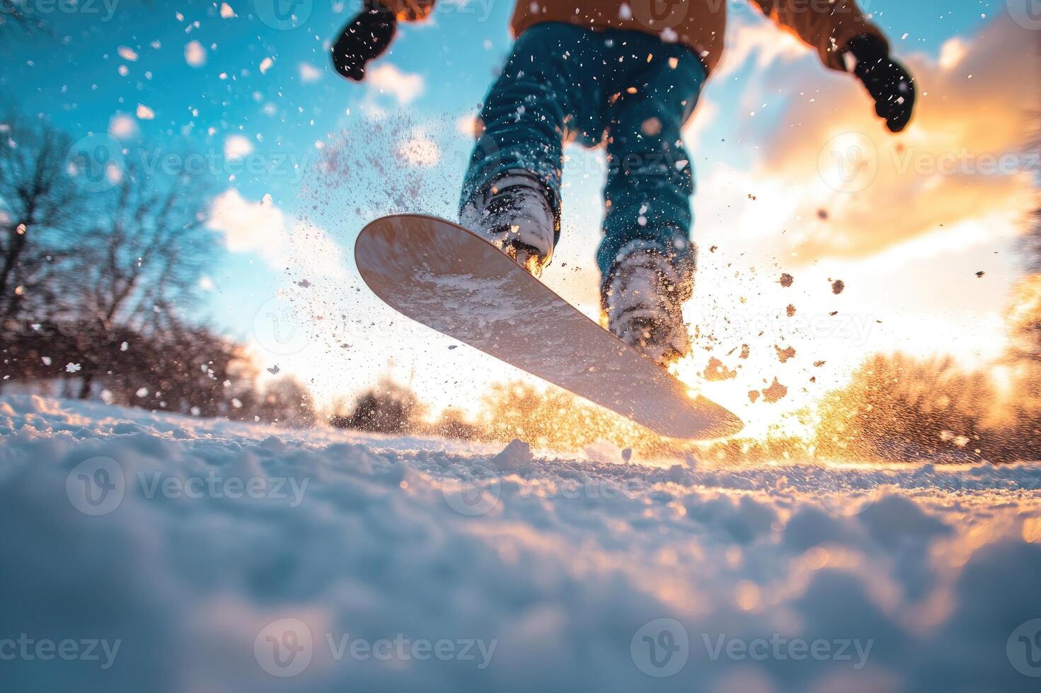 Snowboarder jumping with snow flying at sunset in winter photo