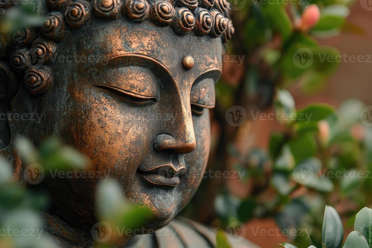 Bronze buddha statue conveying peace and serenity in garden setting photo