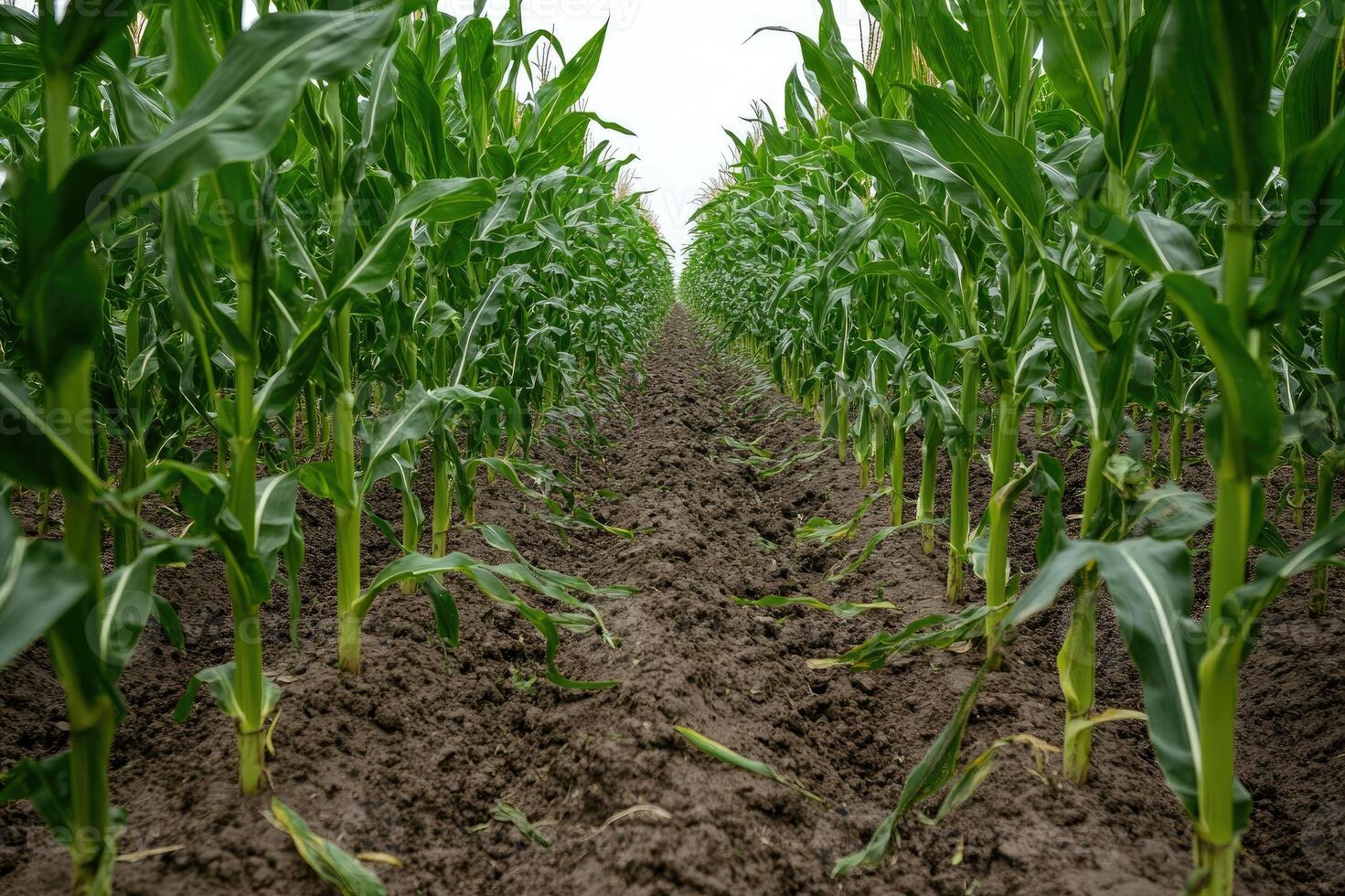Rows of young corn growing in fertile soil photo