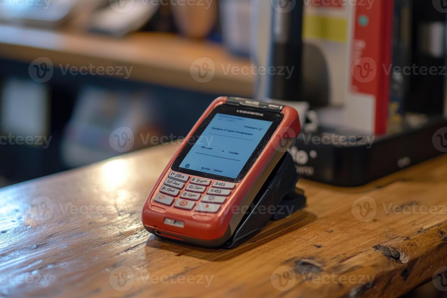 Red pos terminal waiting to accept a contactless payment in a small business photo