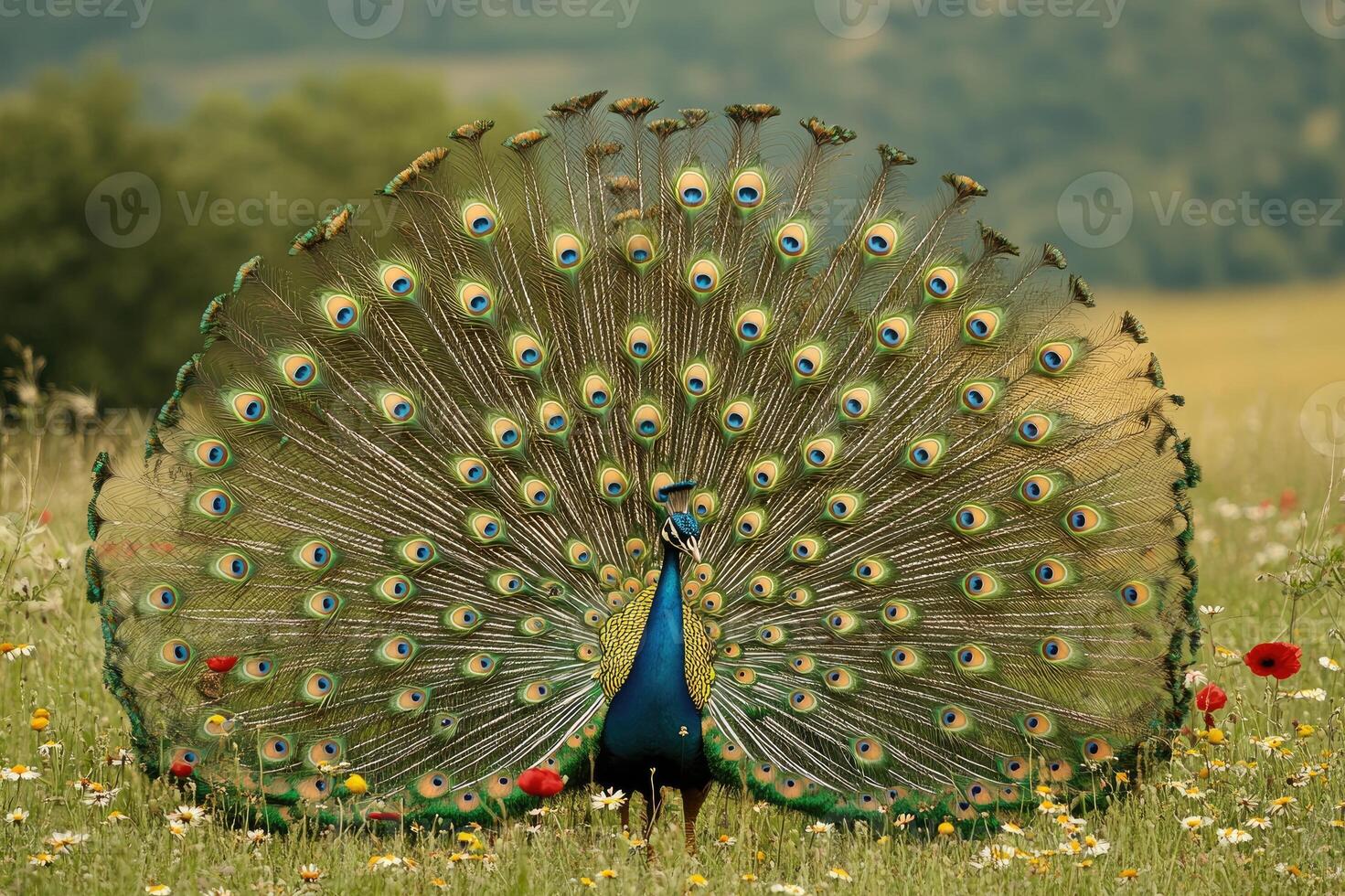 Beautiful peacock showing its colorful feathers in a field photo