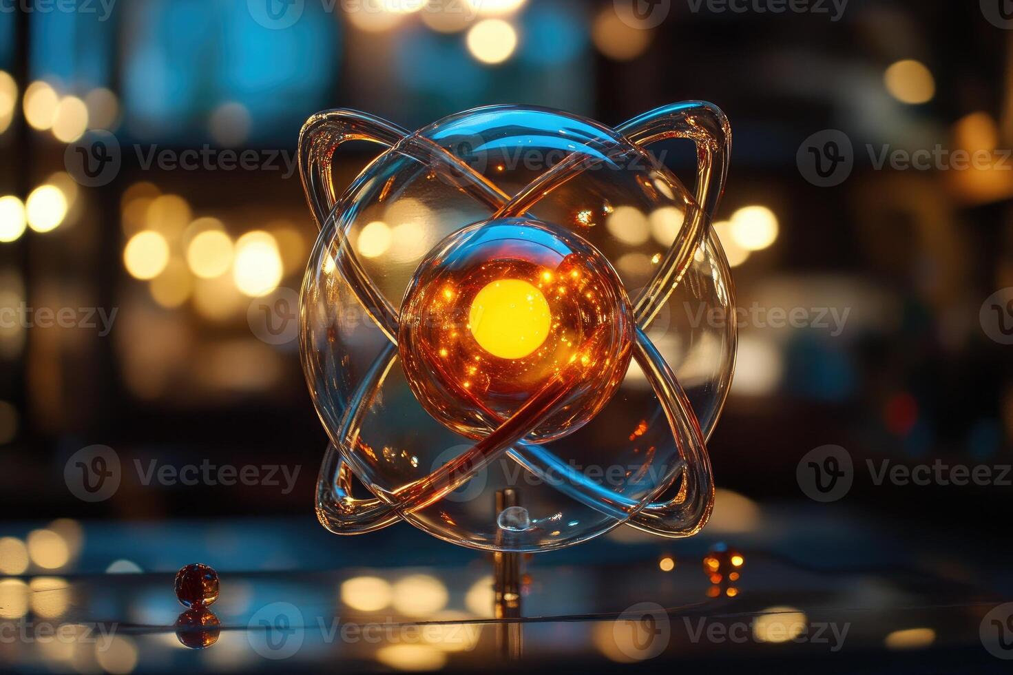 Glass atom structure shining with warm light in the dark photo