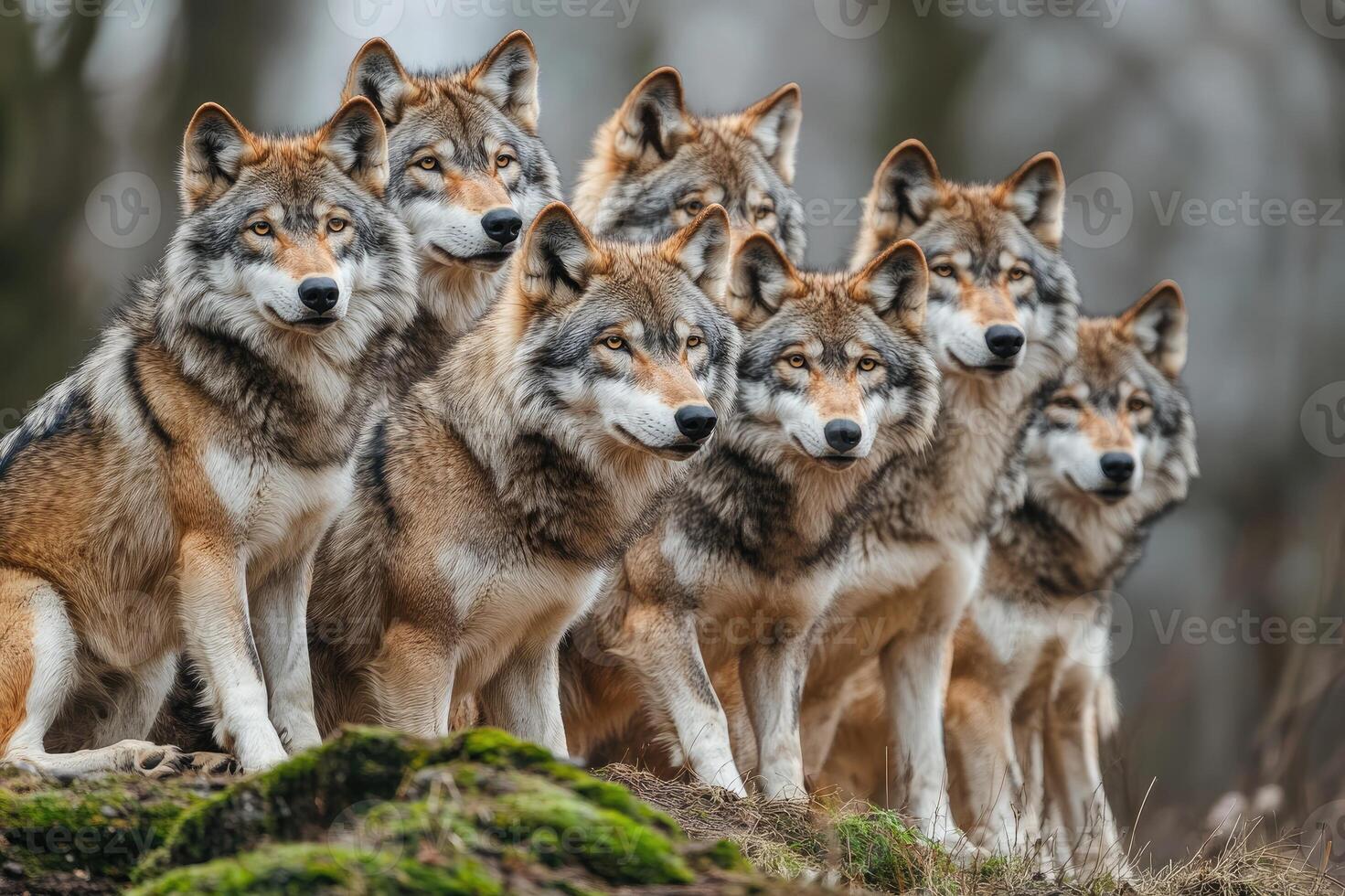 Pack of wolves sitting on a hill in the forest photo