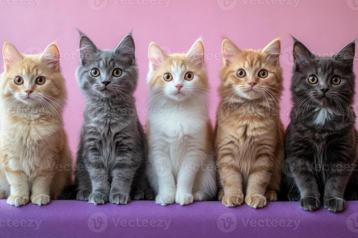 Five adorable kittens sitting in a row on a pink background photo