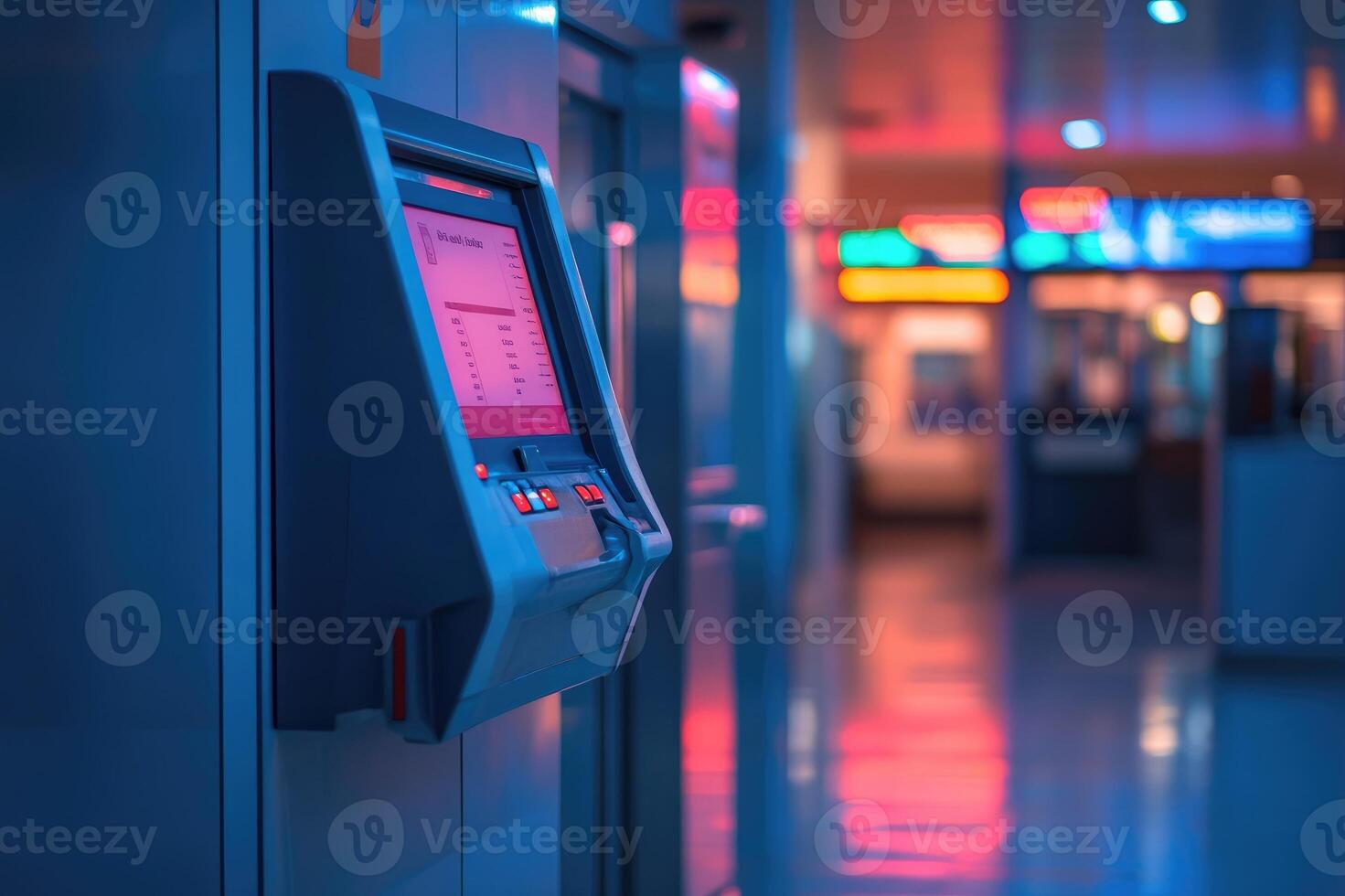 Ticket machine standing in empty train station at night photo
