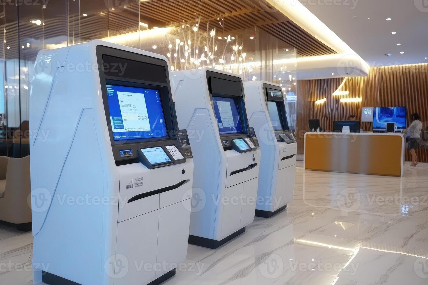 Modern bank lobby featuring interactive teller machines photo