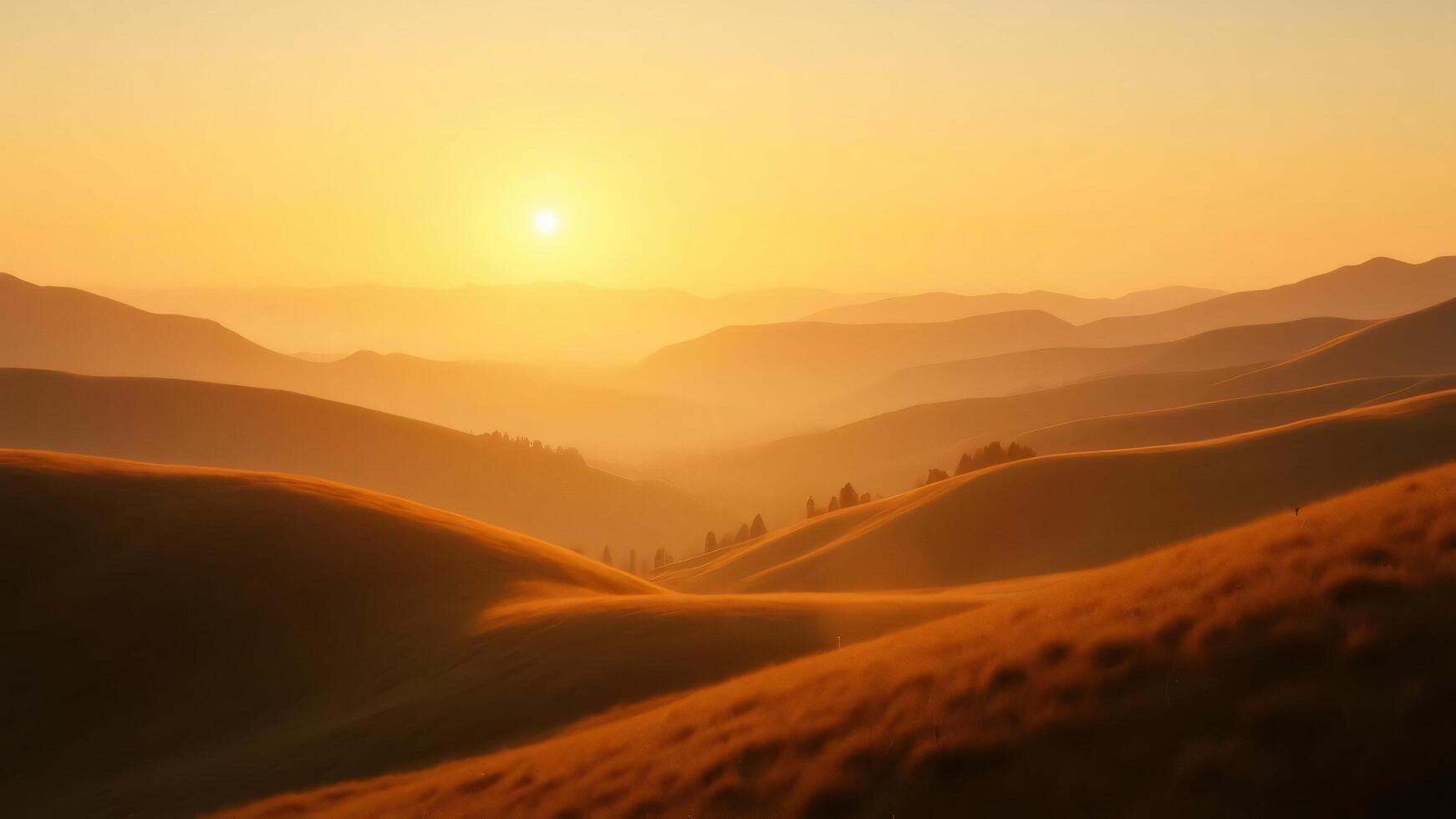 The sun rises over a mountain range with grassy hills photo