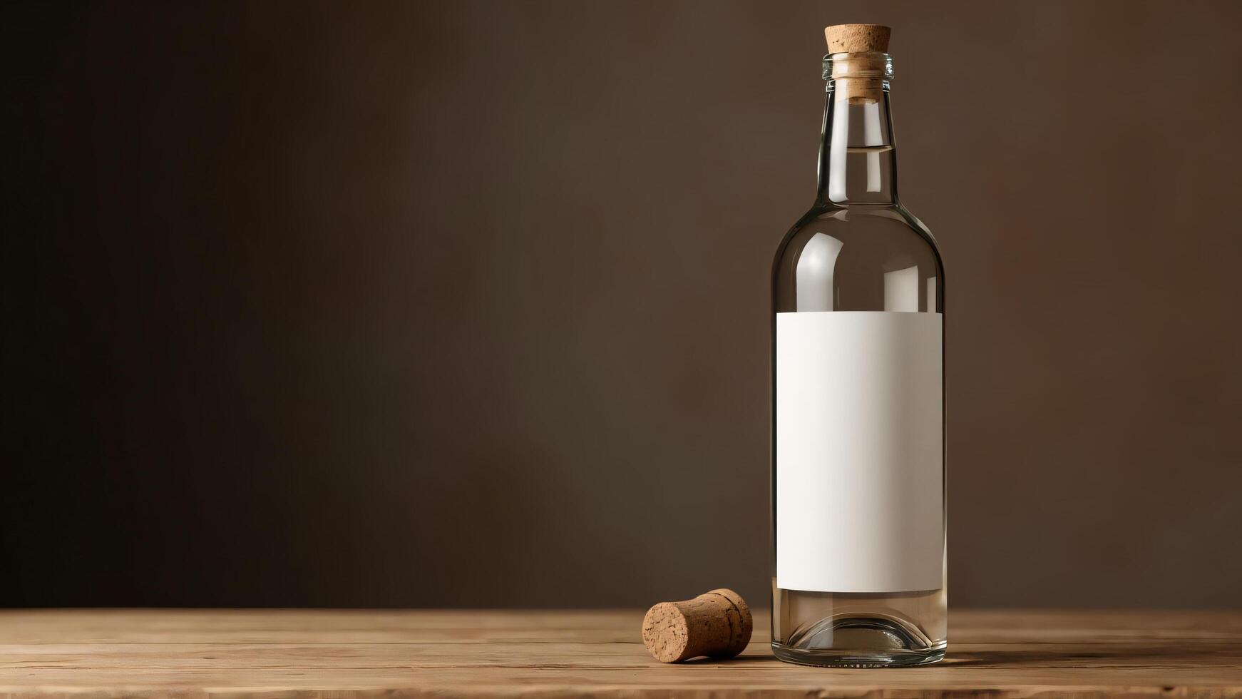 A bottle of white wine with cork on a wooden table photo
