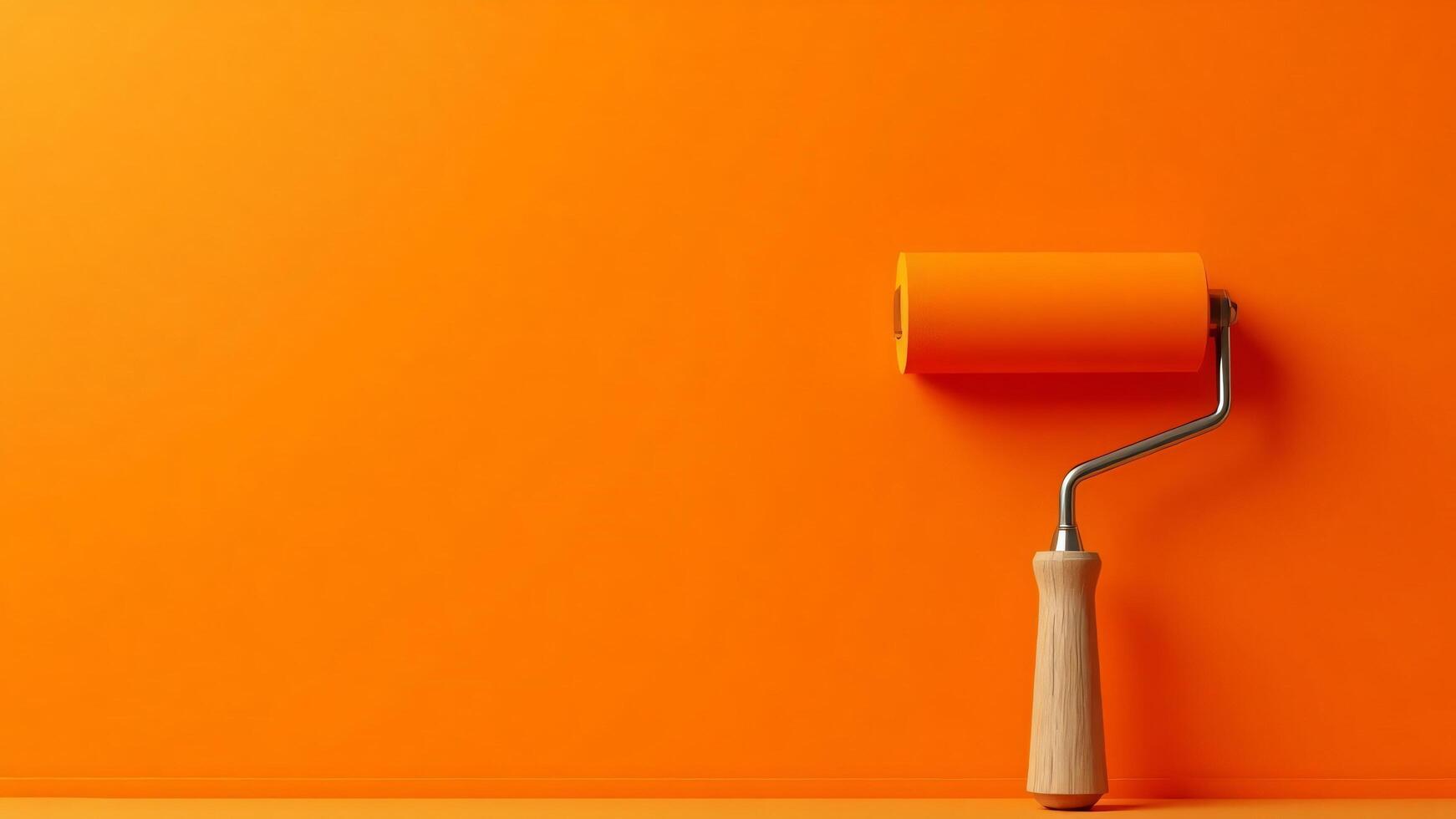 Orange paint roller on orange wall background photo