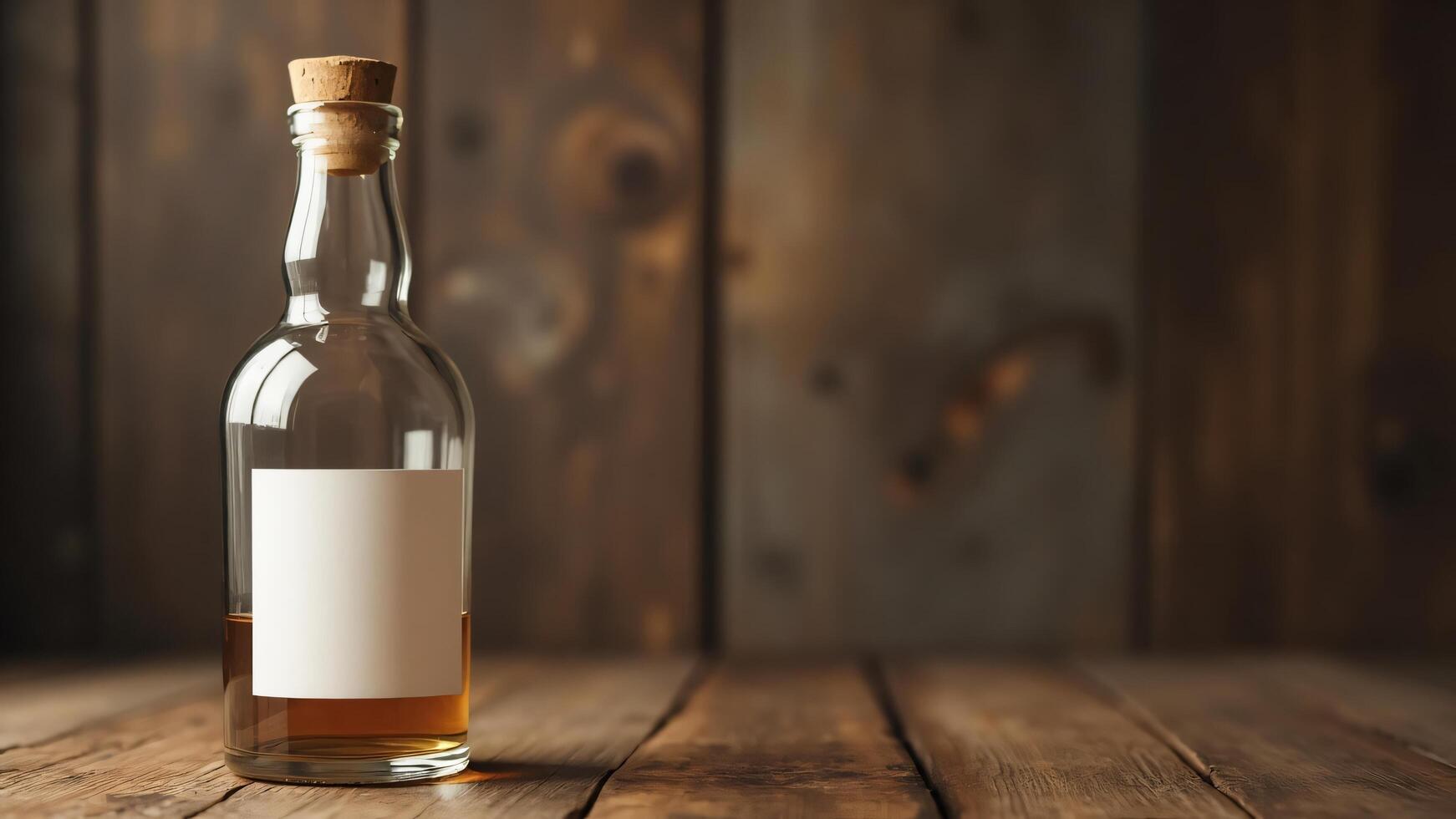A bottle of whiskey on a wooden table photo