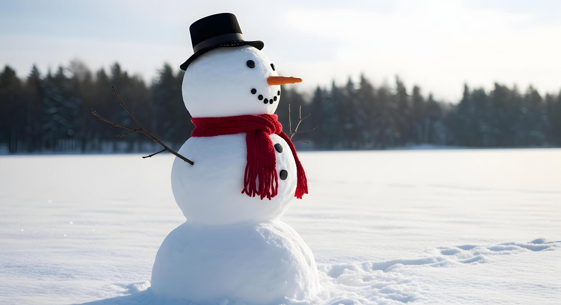 A snowman standing in the snow with a hat and scarf photo