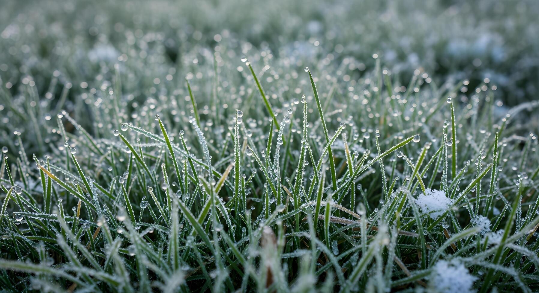 Frosty grass with water droplets on it photo