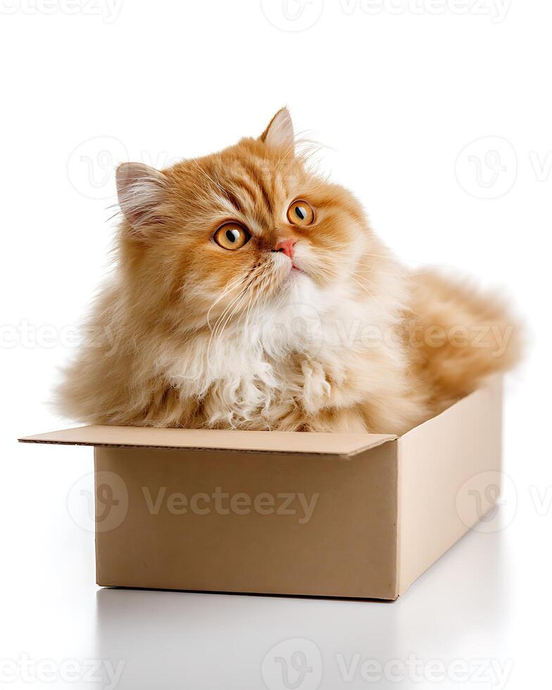 A fluffy Persian cat relaxing inside a cardboard box photo
