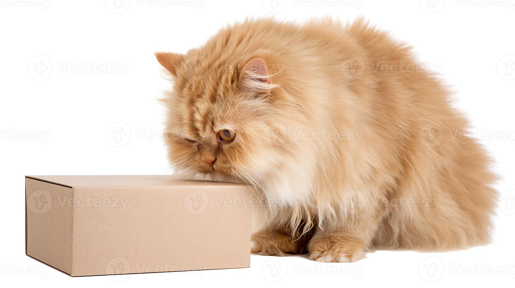 Fluffy Persian Cat Investigating a Cardboard Box photo