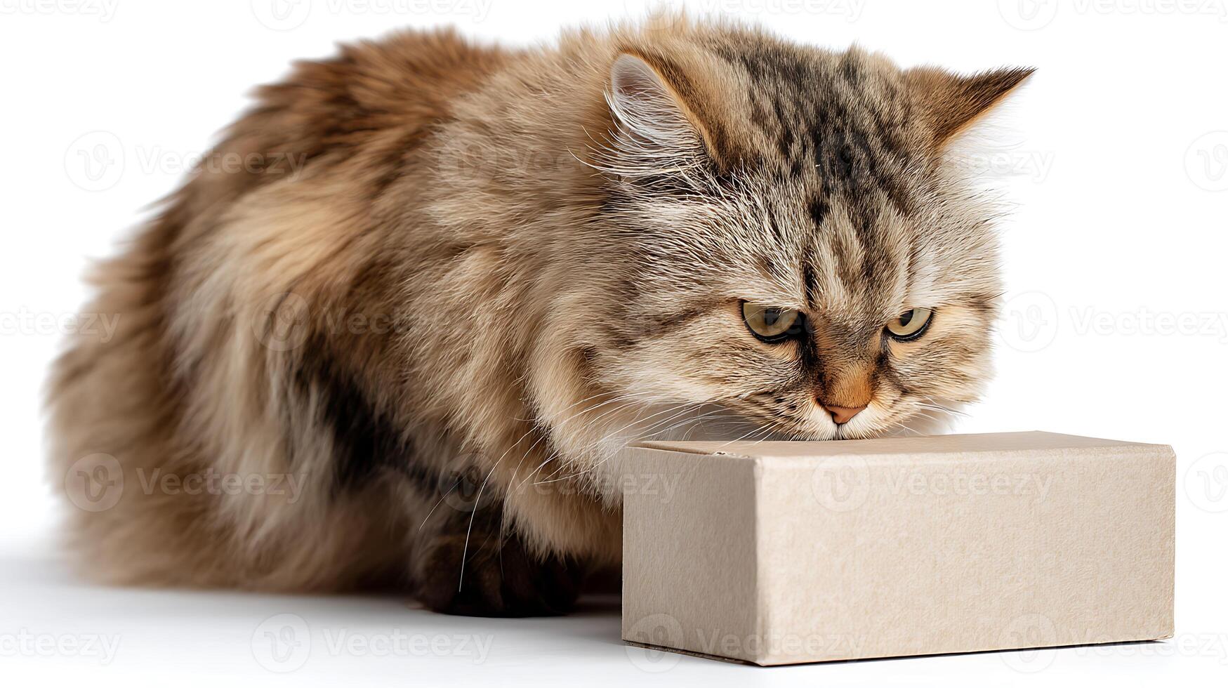 A curious cat sniffing a cardboard box on a white background. photo