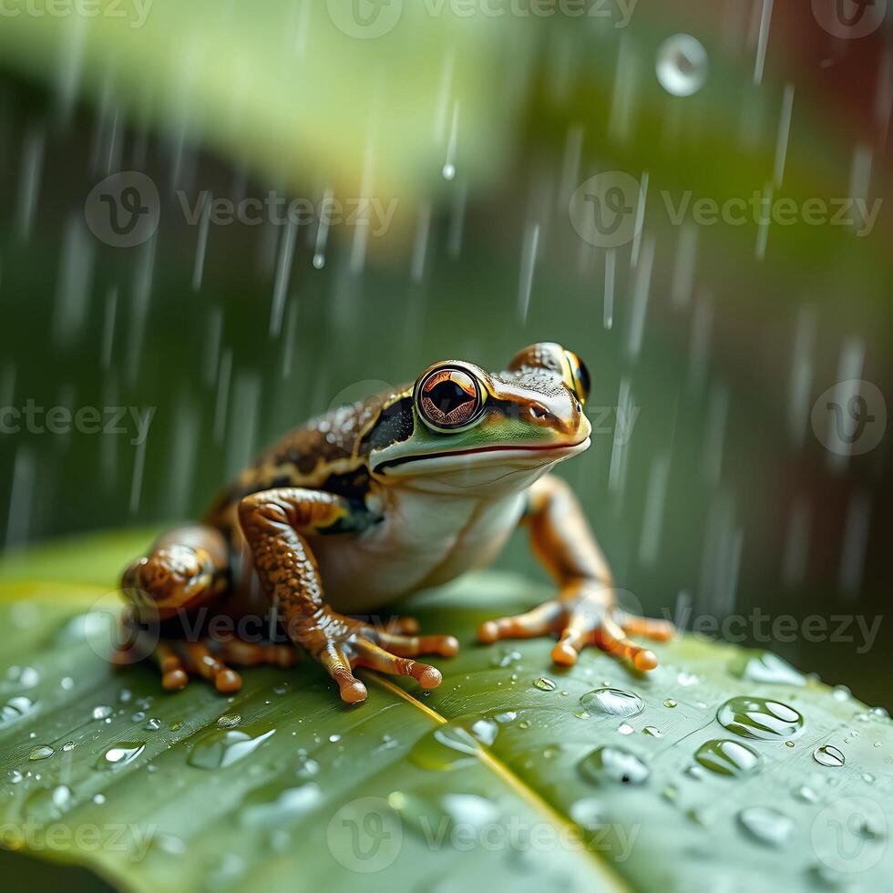 A frog is sitting on a leaf in the rain photo