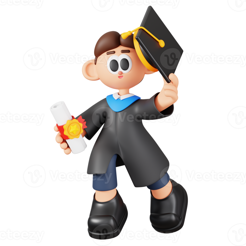 Happy Graduate Man Holding Diploma and Mortarboard Isolated. Cartoon Boy Student Character. 3D Illustration png
