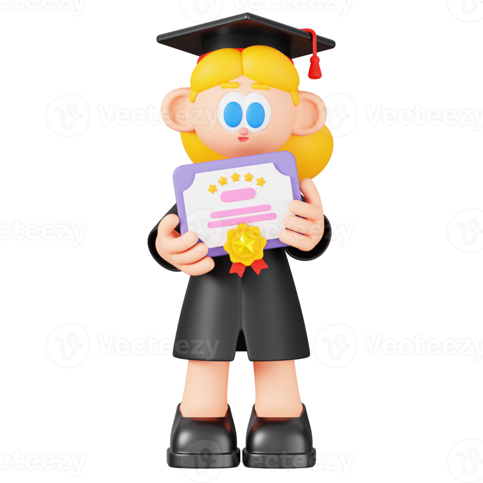 Graduate Woman Holding Certificate Isolated. Cartoon Girl Student Character. 3D Illustration png
