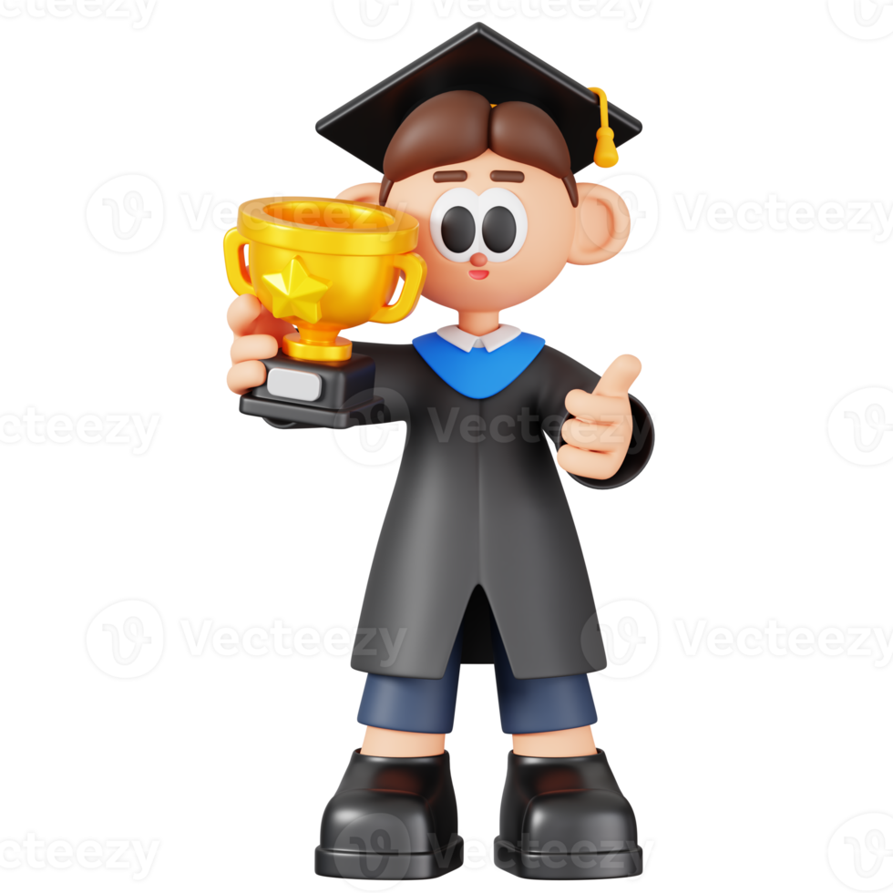 Graduate Man Holding Trophy and Showing Thumbs Up Isolated. 3D Cartoon Boy Student Character. 3D Illustration png