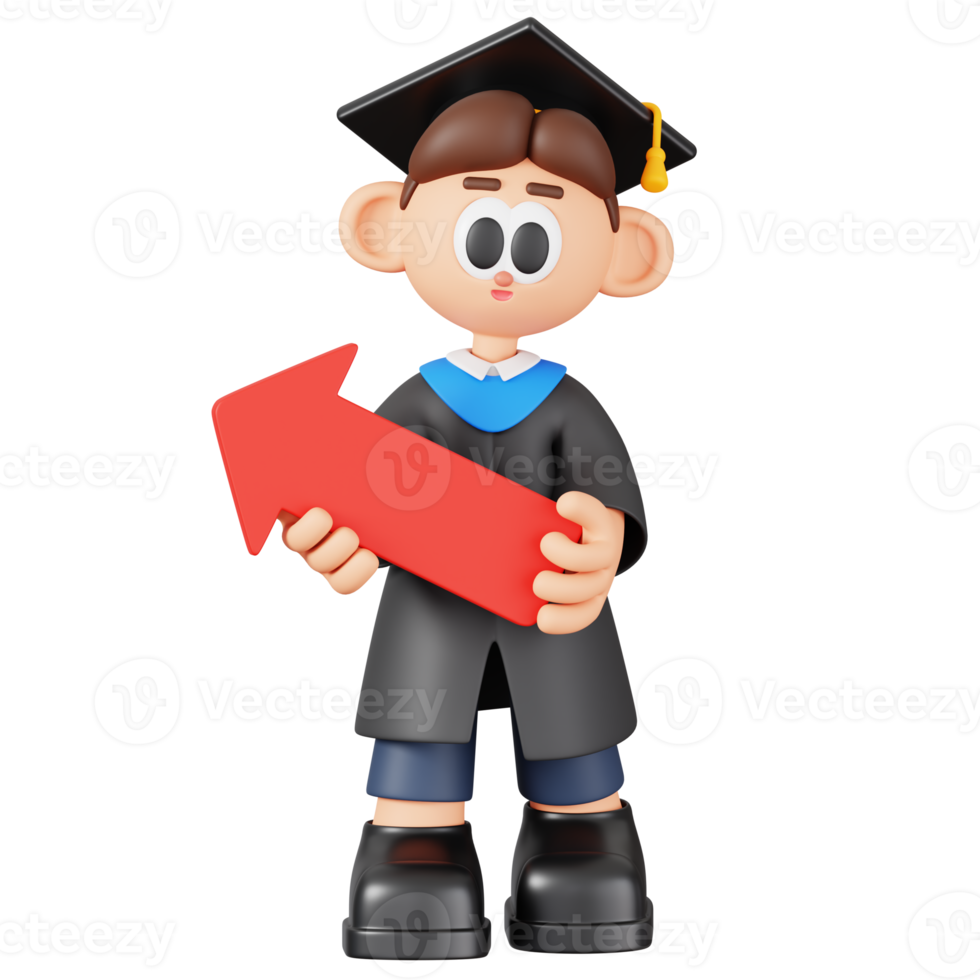 Graduate Man Holding Upward Arrow of Achievement Isolated. 3D Cartoon Boy Student Character. 3D Illustration png