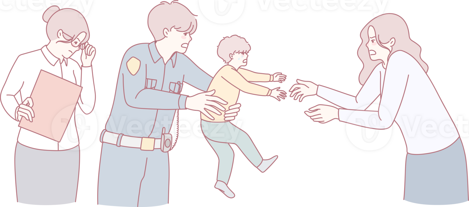 This is a visual representation of a complex child custody situation with parents and a police officer involved png