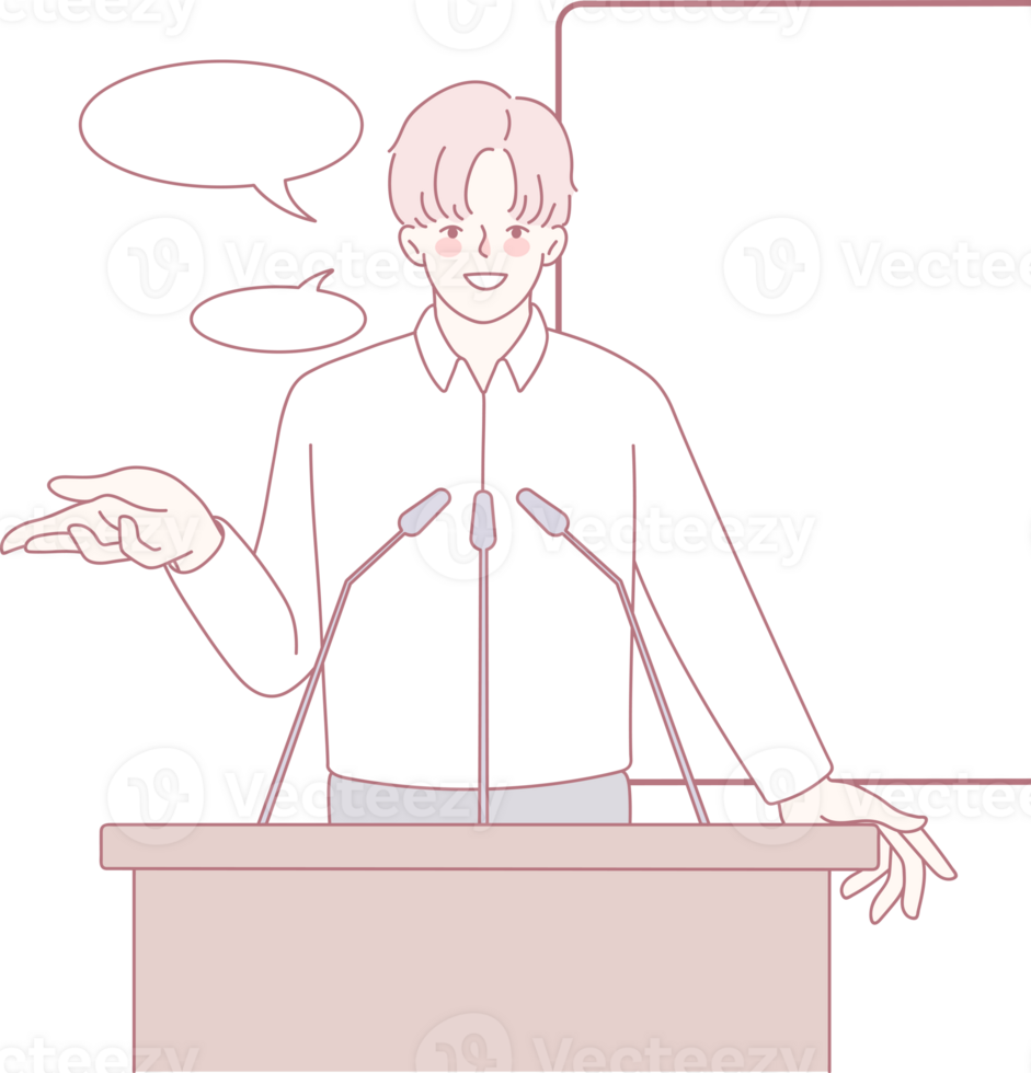 A confident and skilled speaker effectively uses gestures while at a podium to engage with an audience png