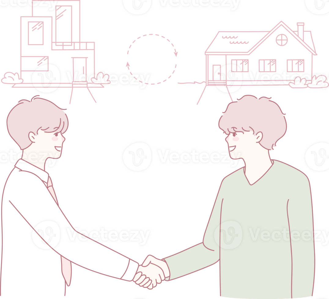 Two individuals shaking hands over houses, symbolizing the essence of partnership and success in real estate png