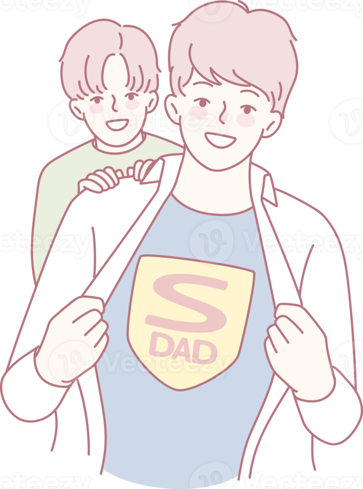A cheerful illustration shows a dad revealing a colorful superhero shirt while his playful child stands behind him png