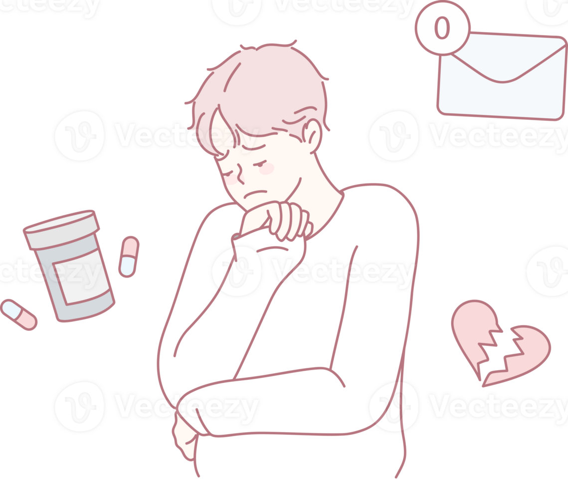 An illustration showcasing the themes of emotional distress, featuring pills, heartache, and lack of communication png