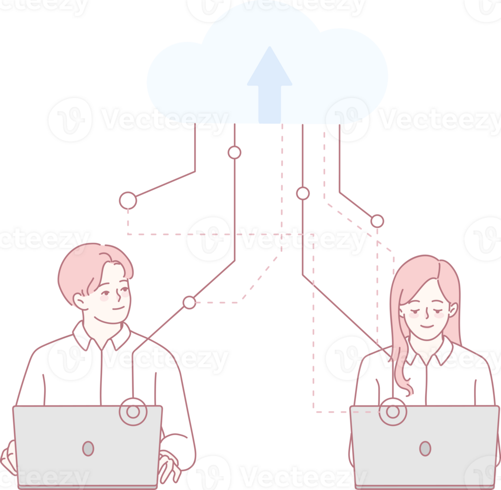An elegant minimalist illustration shows teamwork in cloud computing with laptops and seamless cloud connectivity png