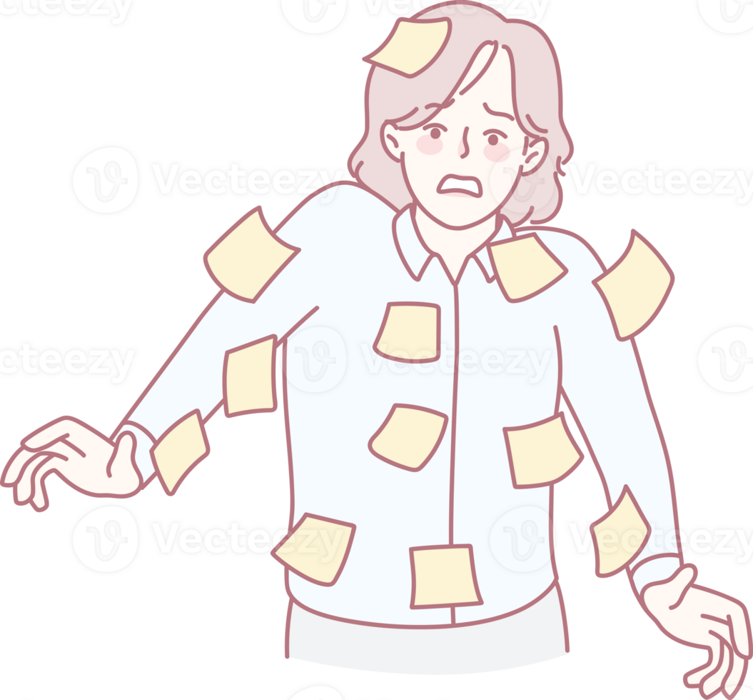 An illustration of a person covered in sticky notes, representing stress and overwhelming daily tasks png