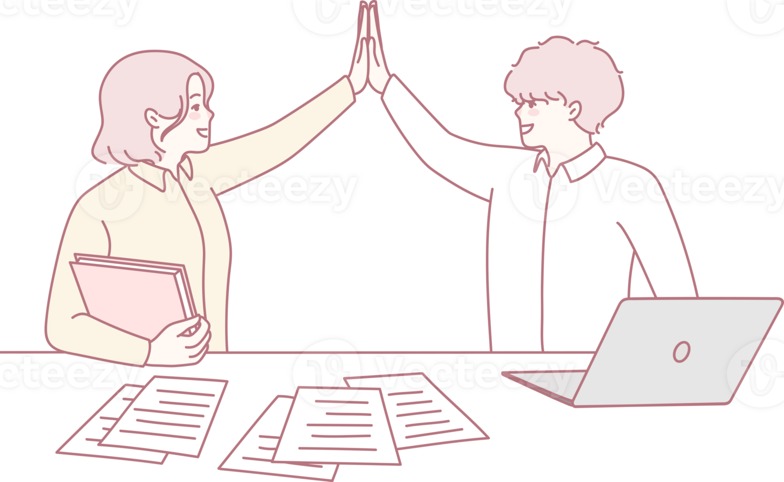 A joyful and uplifting moment of teamwork, as two dedicated professionals celebrate their success in a modern workspace png