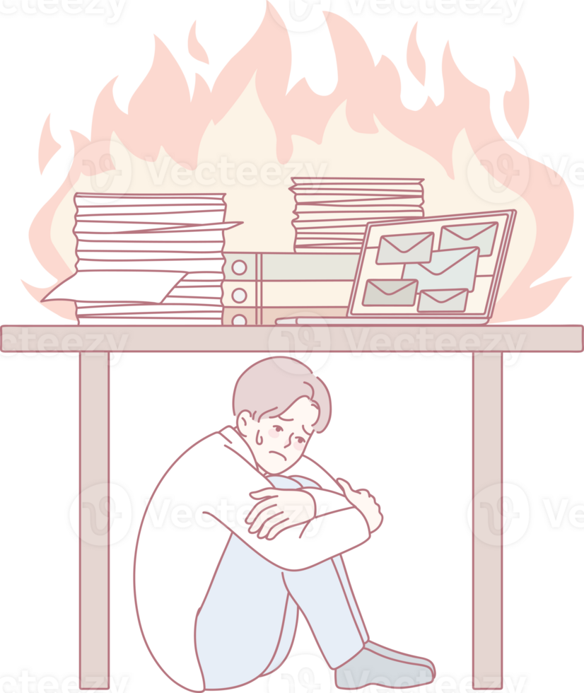 An illustration capturing the immense workplace stress from overwhelming paperwork and a nearby fire scenario png