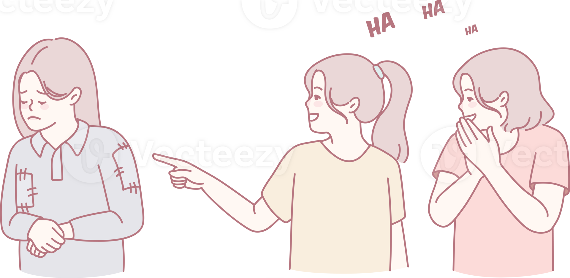 An illustration depicting two girls joyfully laughing at another girl who distinctly appears very down and distressed png